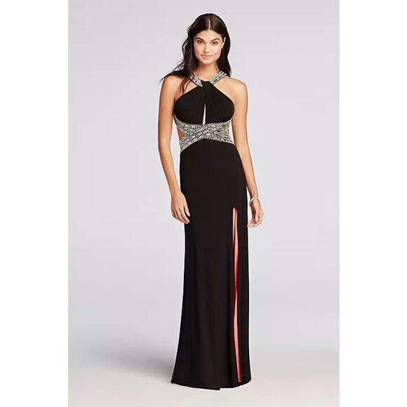 Betsy & Adam haltered jersey prom dress with coral lining sz 0 - Picture 1 of 9